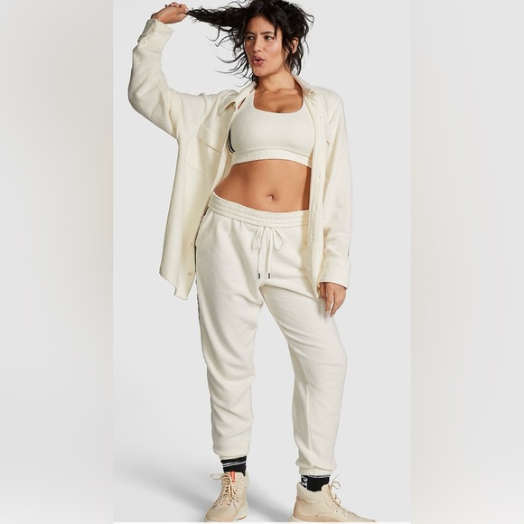 Pink Victoria Secret Cream Reverse Fleece Shacket Long Sleeve Shirt Top NWT XL - Picture 3 of 10